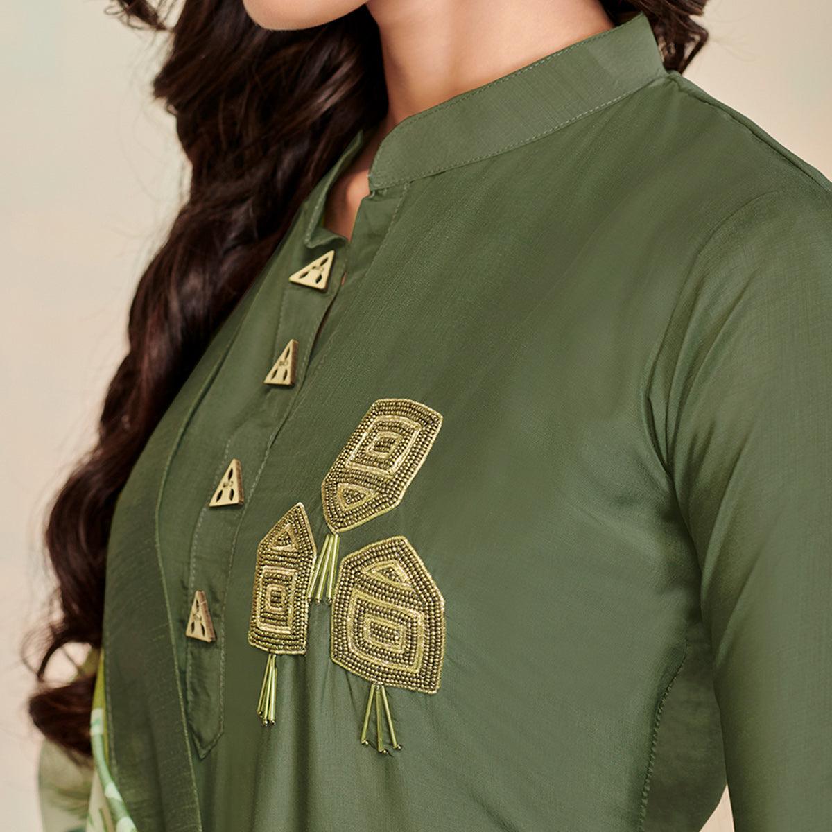Captivating Olive Green Colored Partywear Cotton Suit - Peachmode