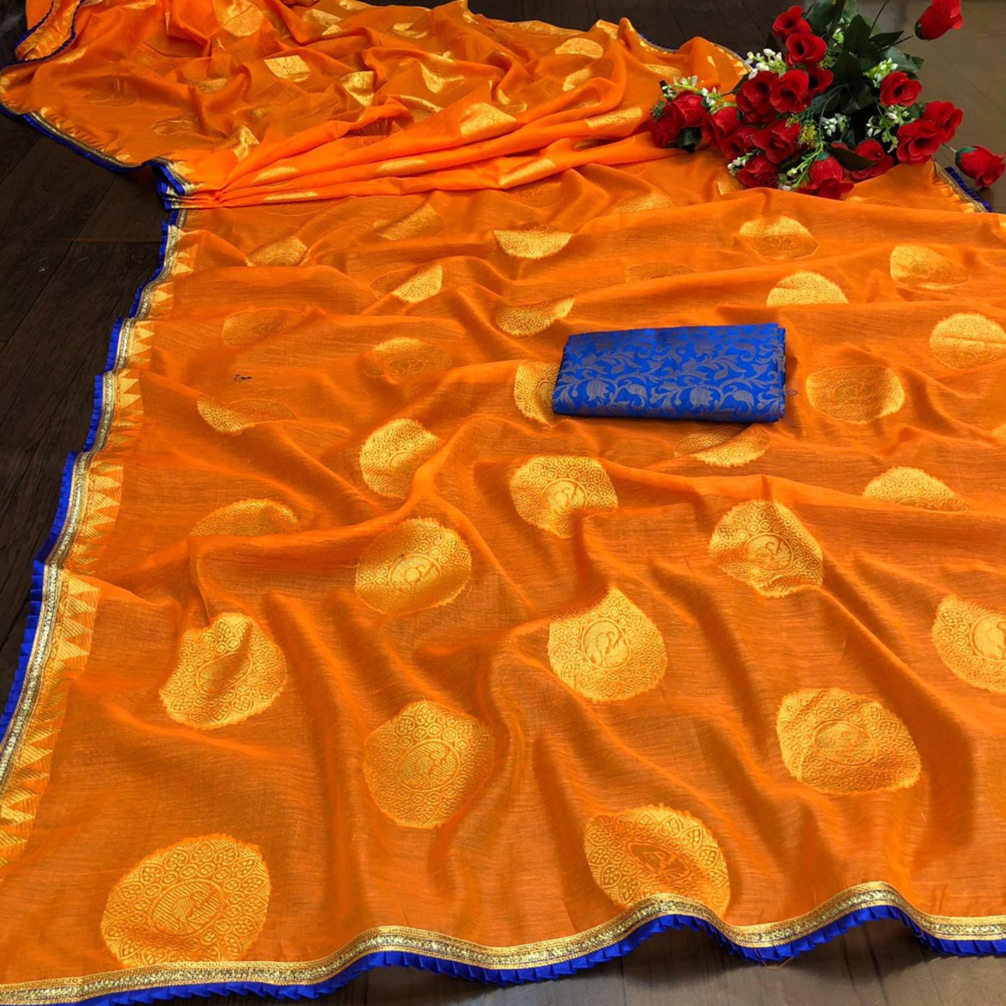 Captivating Orange Colored Festive Wear Woven Cotton Saree - Peachmode