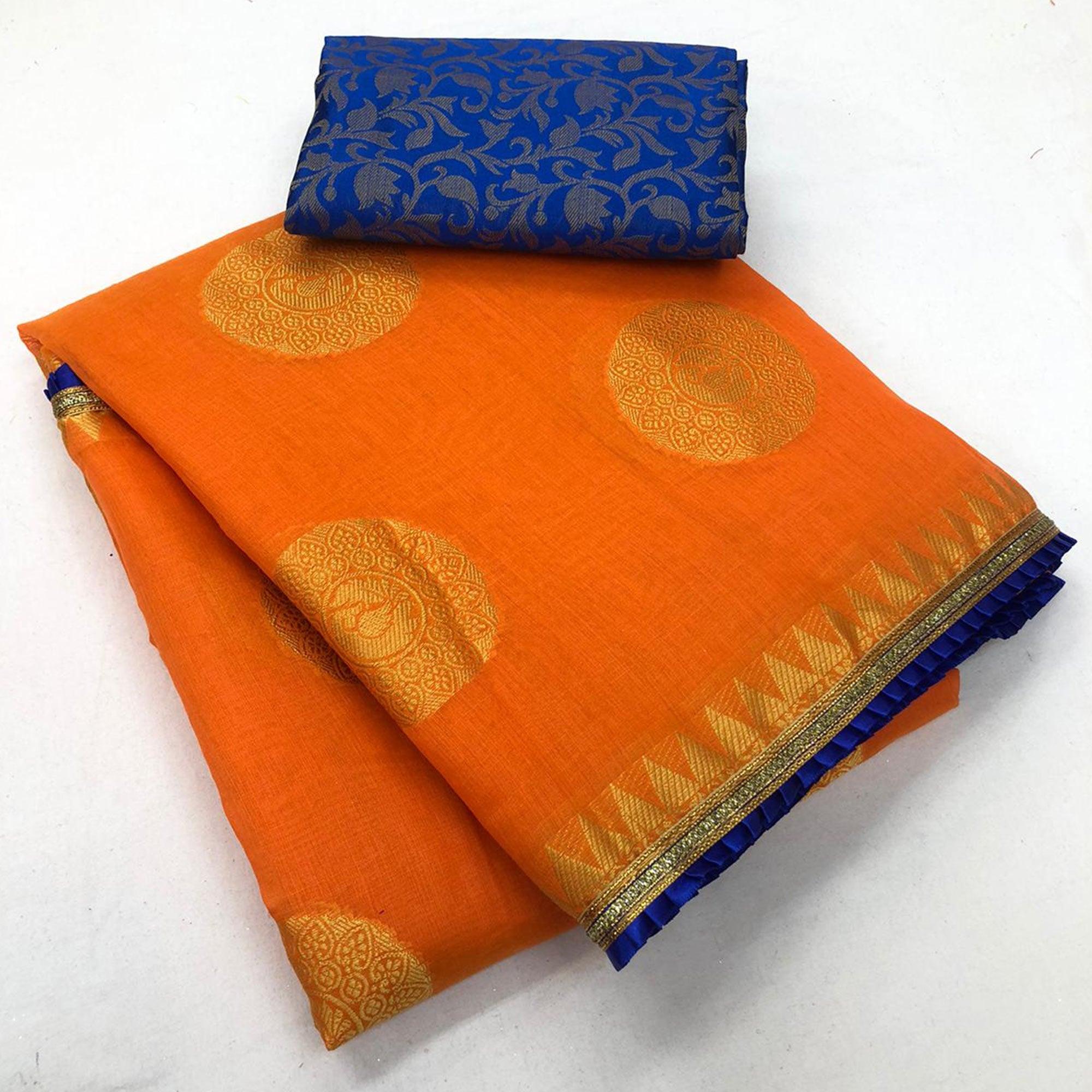Captivating Orange Colored Festive Wear Woven Cotton Saree - Peachmode