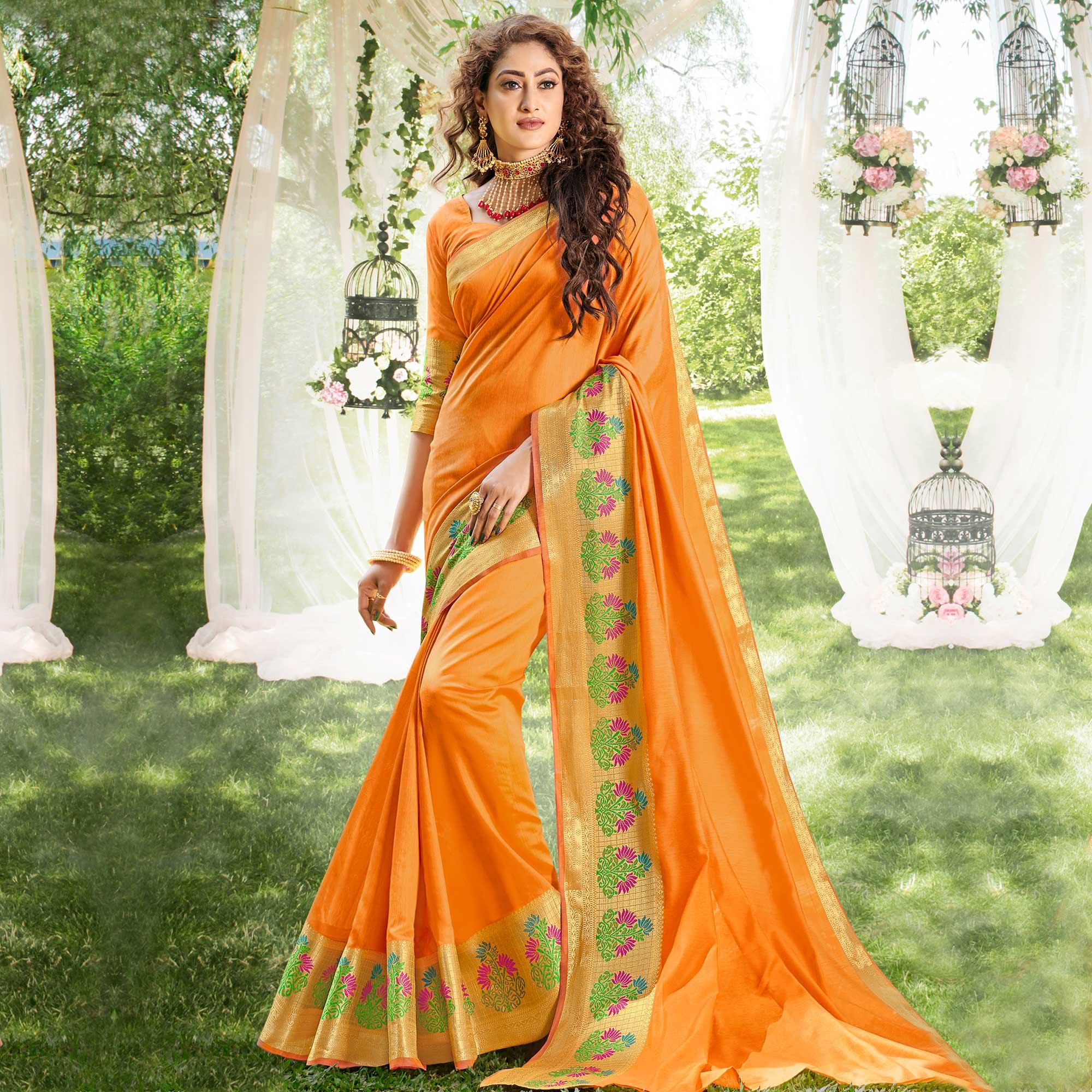 Captivating Orange Colored Festive Wear Woven Cotton Silk Saree - Peachmode