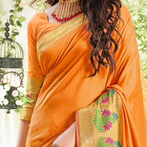 Captivating Orange Colored Festive Wear Woven Cotton Silk Saree - Peachmode
