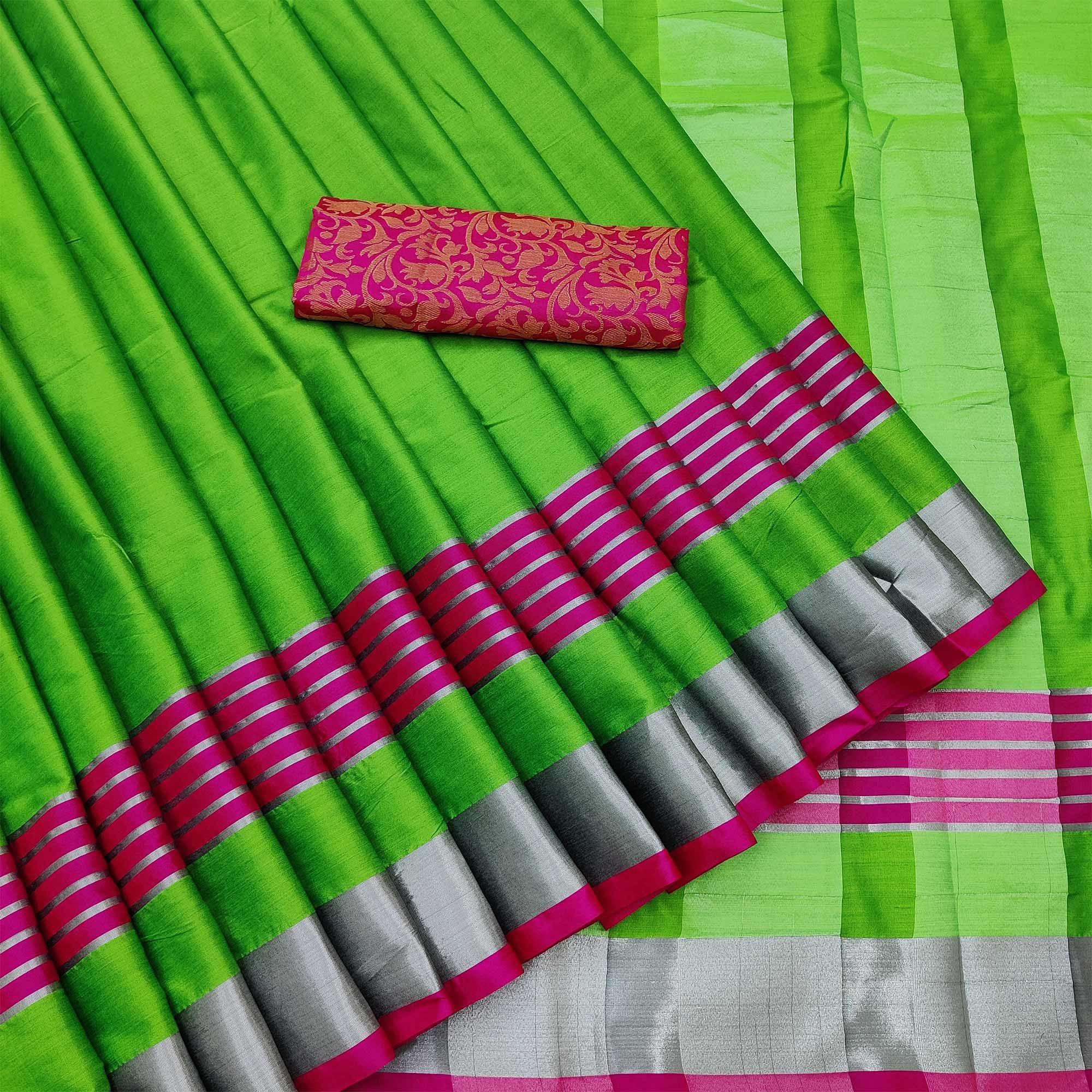 Captivating Parrot Green Coloured Casual Wear Zari Border Cotton Saree - Peachmode