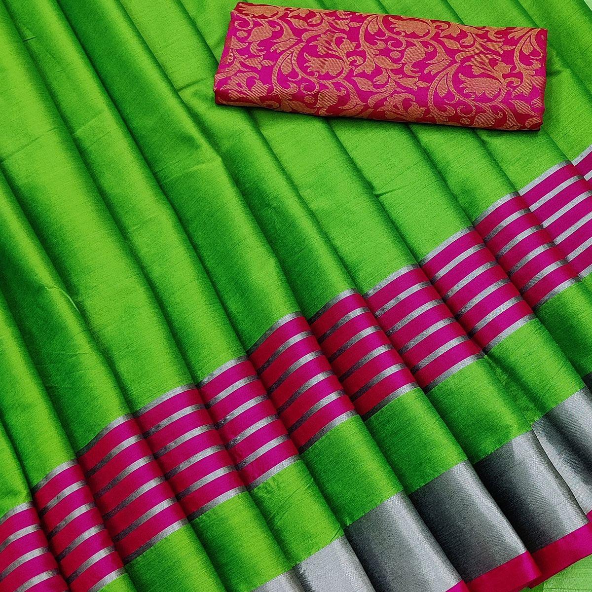 Captivating Parrot Green Coloured Casual Wear Zari Border Cotton Saree - Peachmode