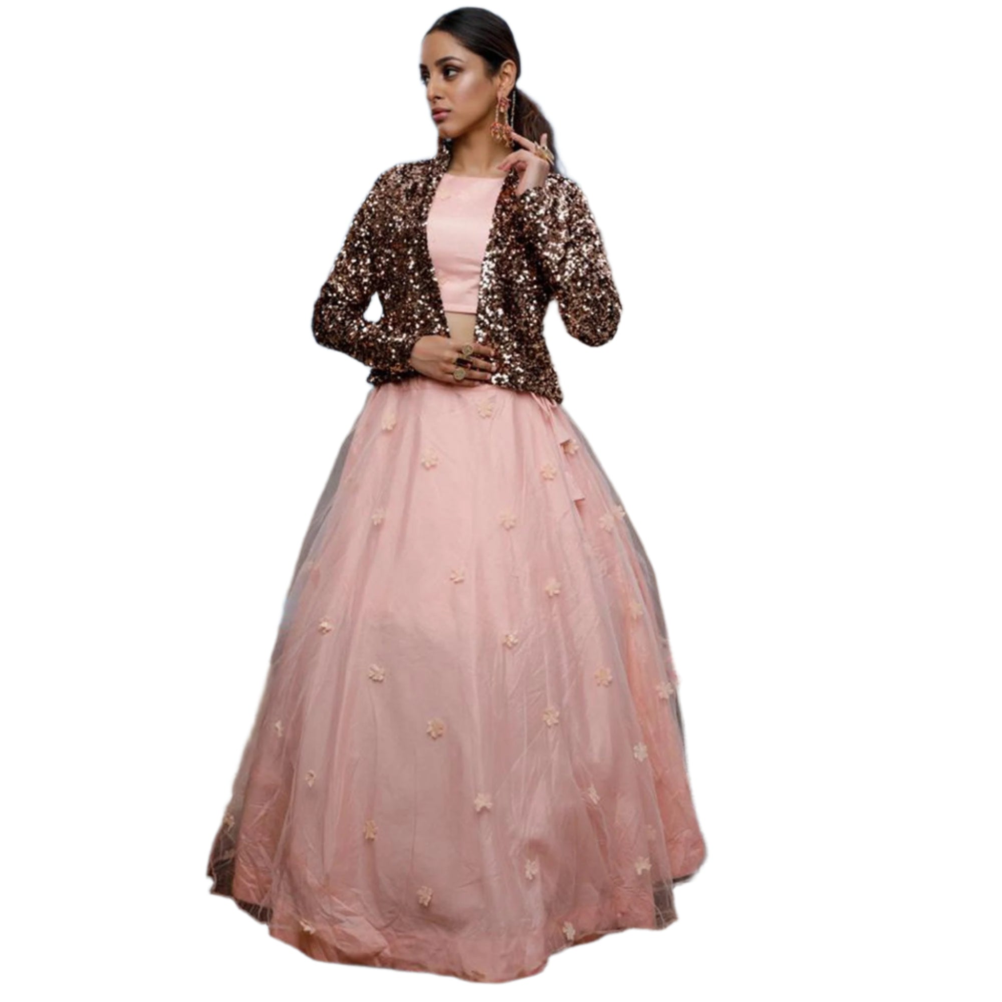 Captivating Peach-Black Colored Party Wear Embroidered Net Lehenga Choli - Peachmode