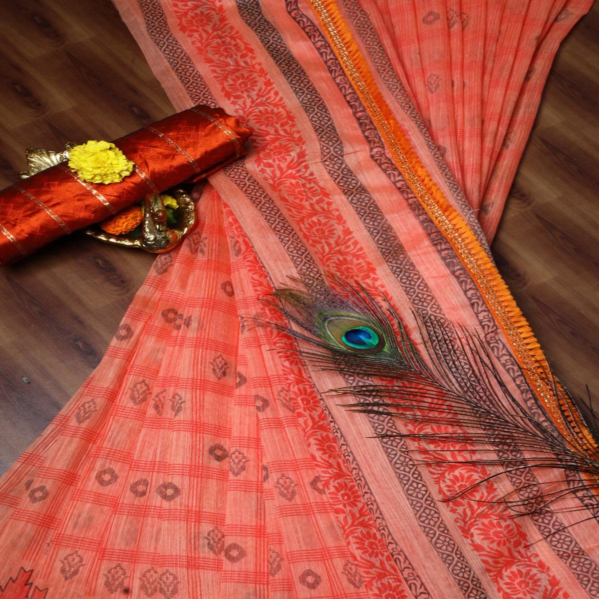 Captivating Peach Colored Casual Wear Printed Cotton Saree - Peachmode