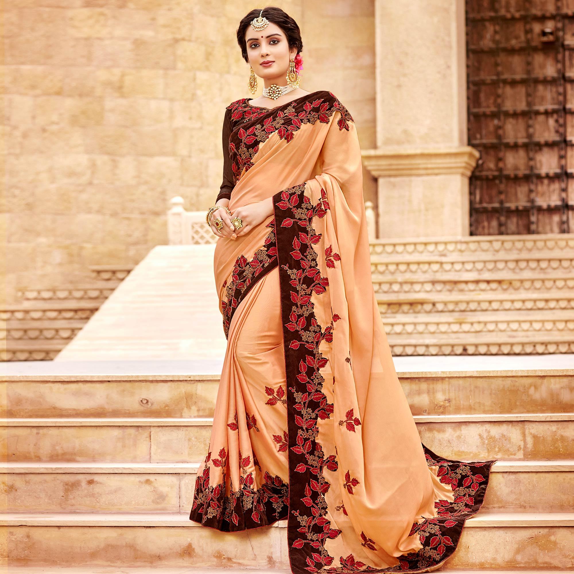 Captivating Peach Colored Party Wear Embroidered Satin-Georegtte Saree - Peachmode