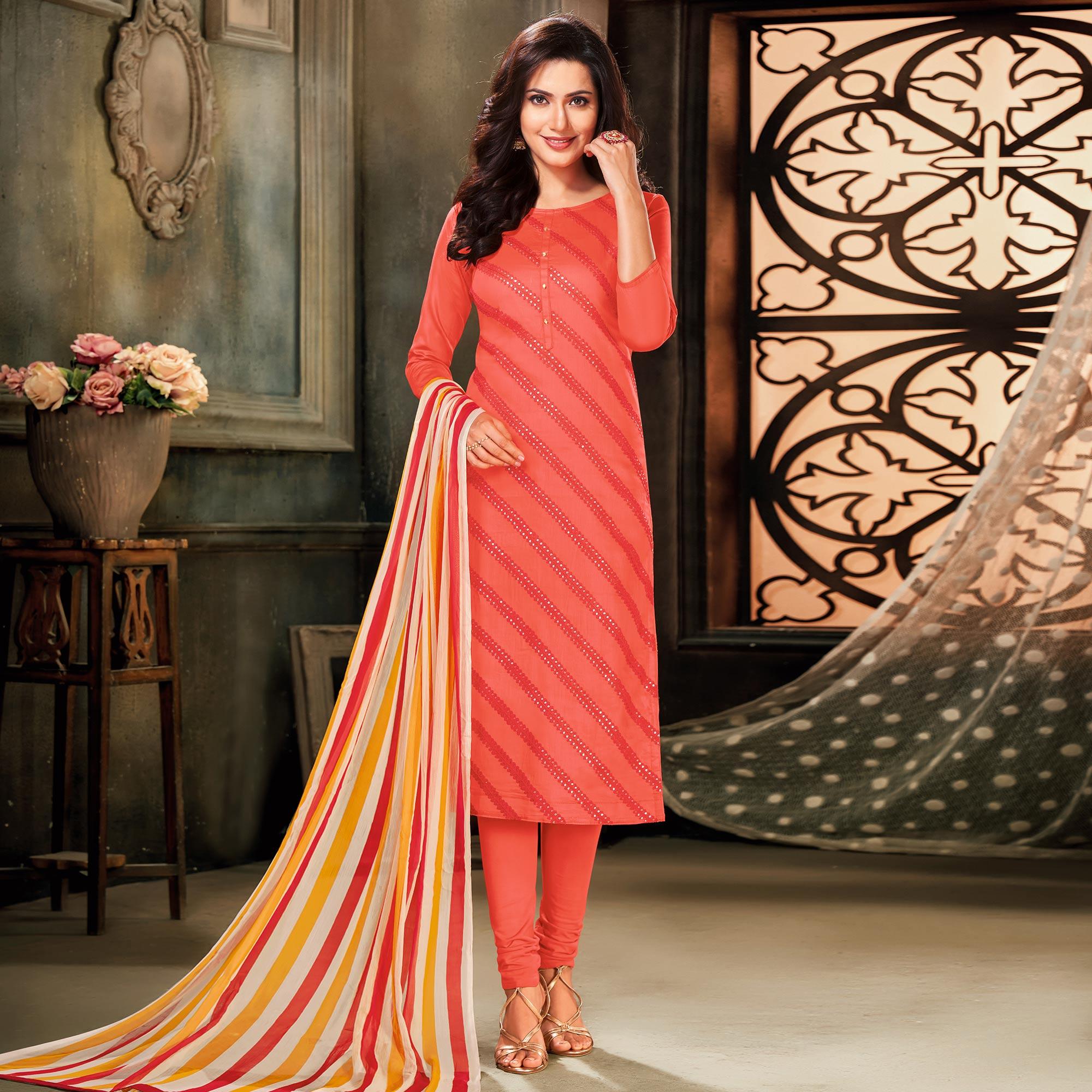 Captivating Peach Colored Partywear Embroidered Chanderi Dress Material - Peachmode