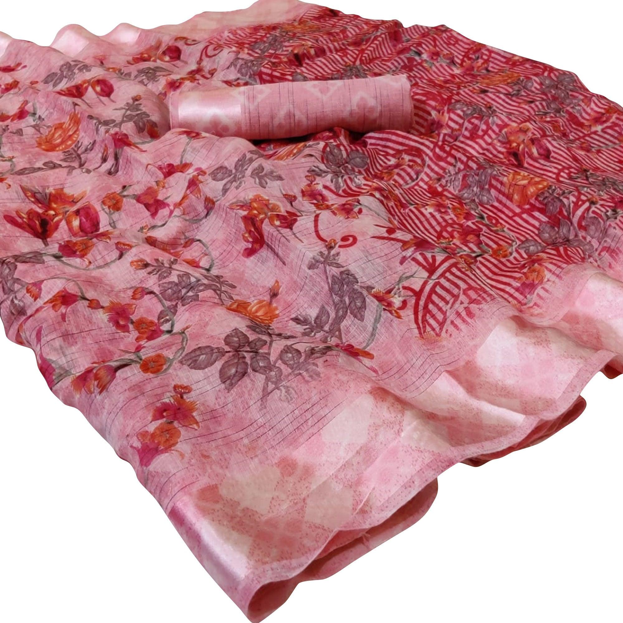 Captivating Pink Colored Casual Wear Floral Printed Linen Saree - Peachmode