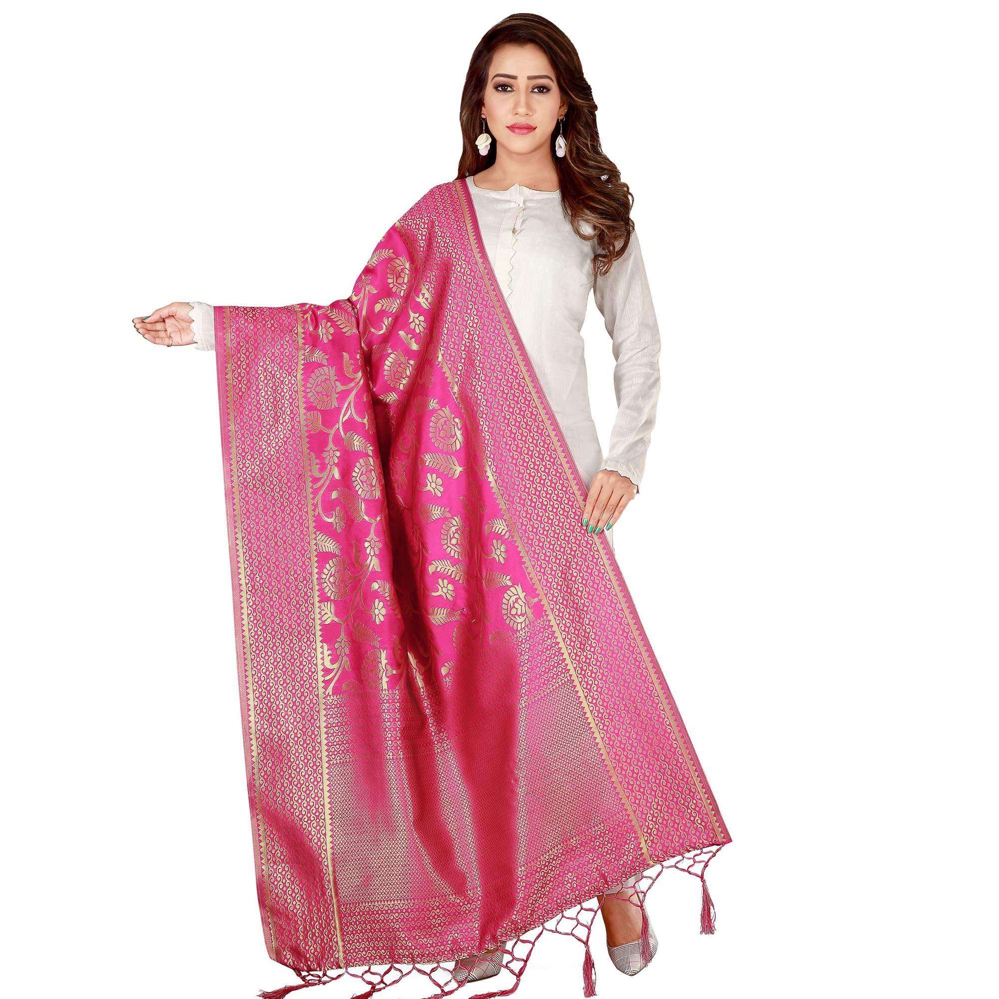 Captivating Pink Colored Festive Wear Banarasi Silk Dupatta - Peachmode