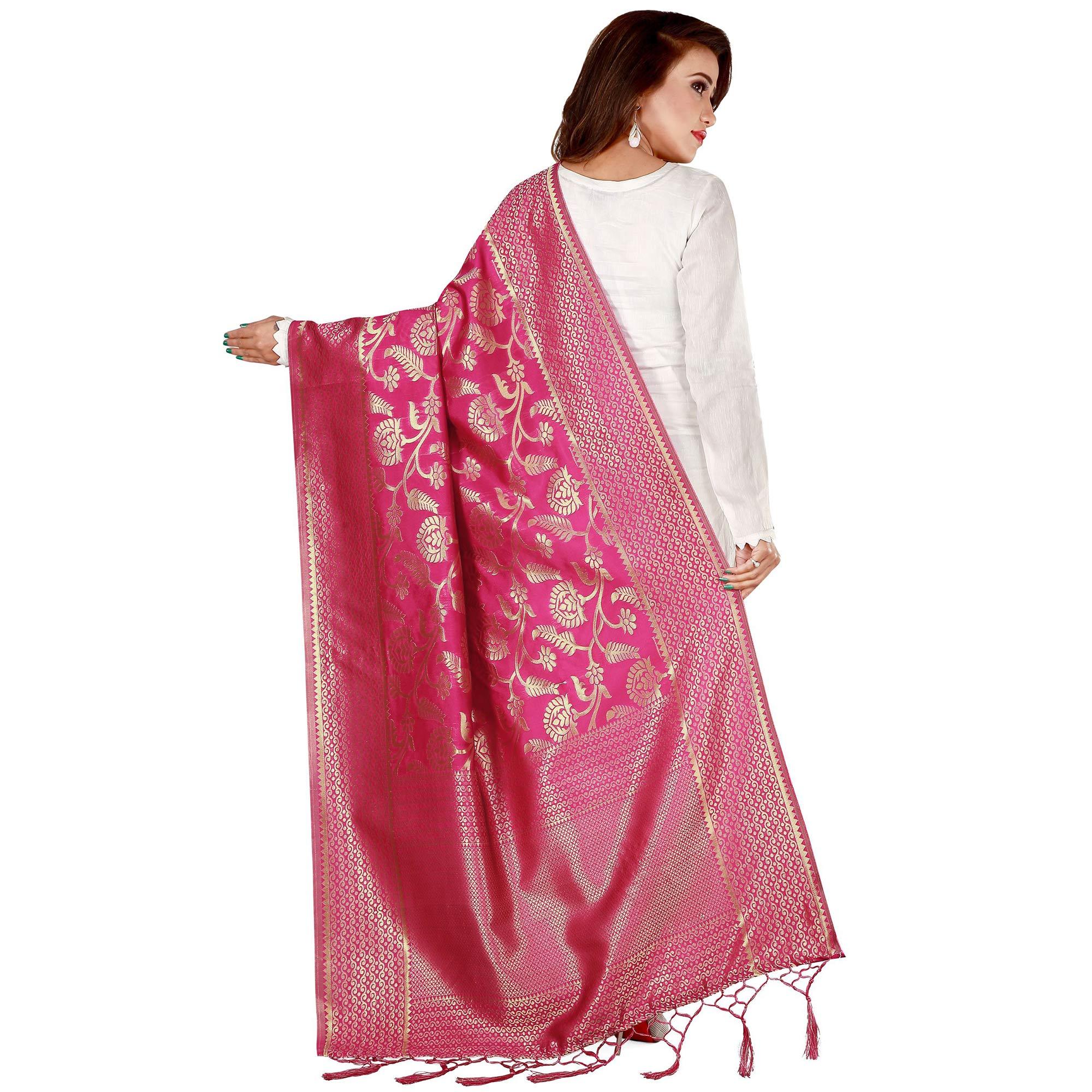 Captivating Pink Colored Festive Wear Banarasi Silk Dupatta - Peachmode