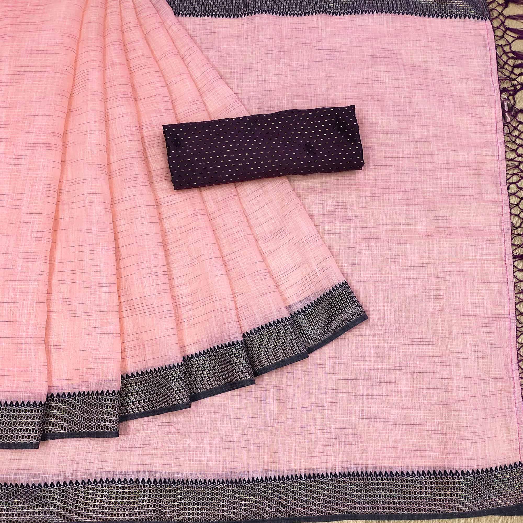 Captivating Pink Colored lining Pattern Casual Wear Cotton Saree - Peachmode
