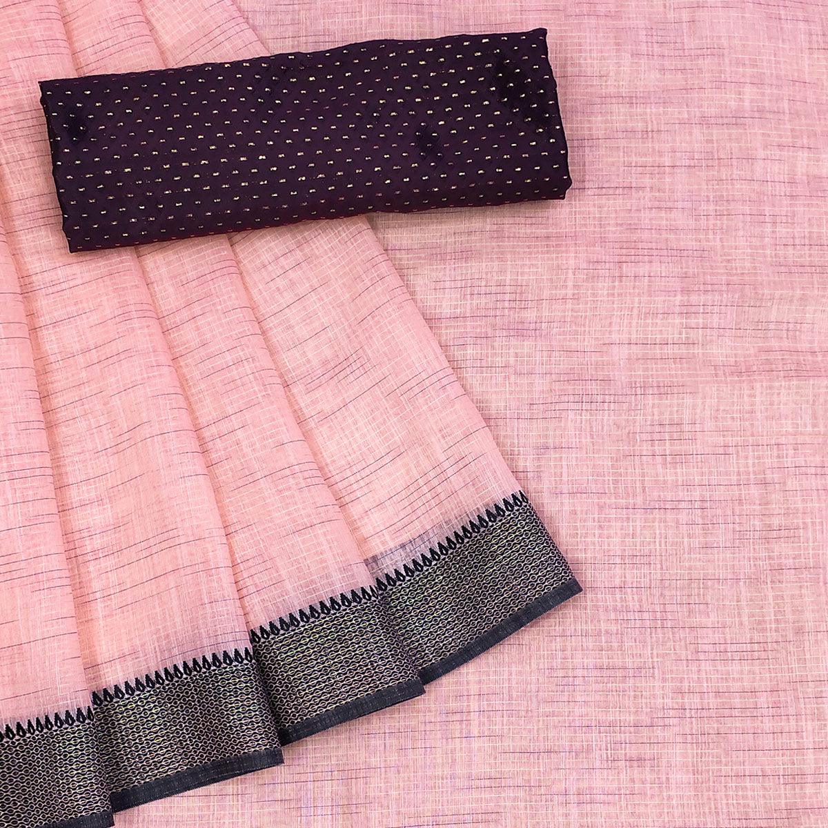 Captivating Pink Colored lining Pattern Casual Wear Cotton Saree - Peachmode