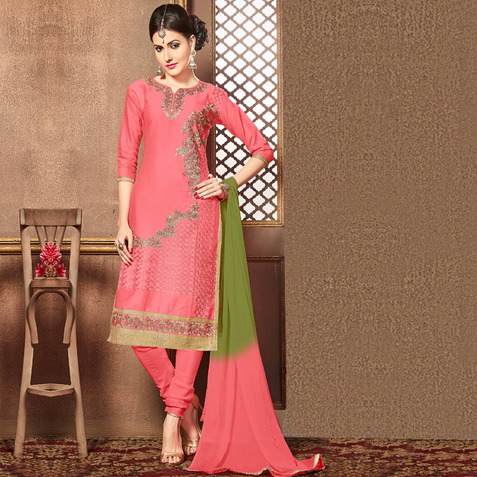Captivating Pink Colored Party Wear Embroidered Cotton Dress Material - Peachmode