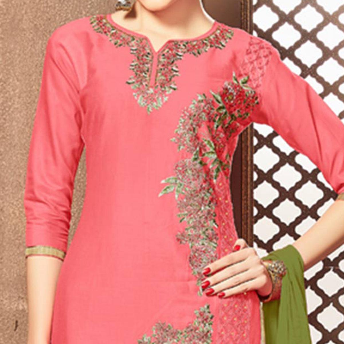 Captivating Pink Colored Party Wear Embroidered Cotton Dress Material - Peachmode
