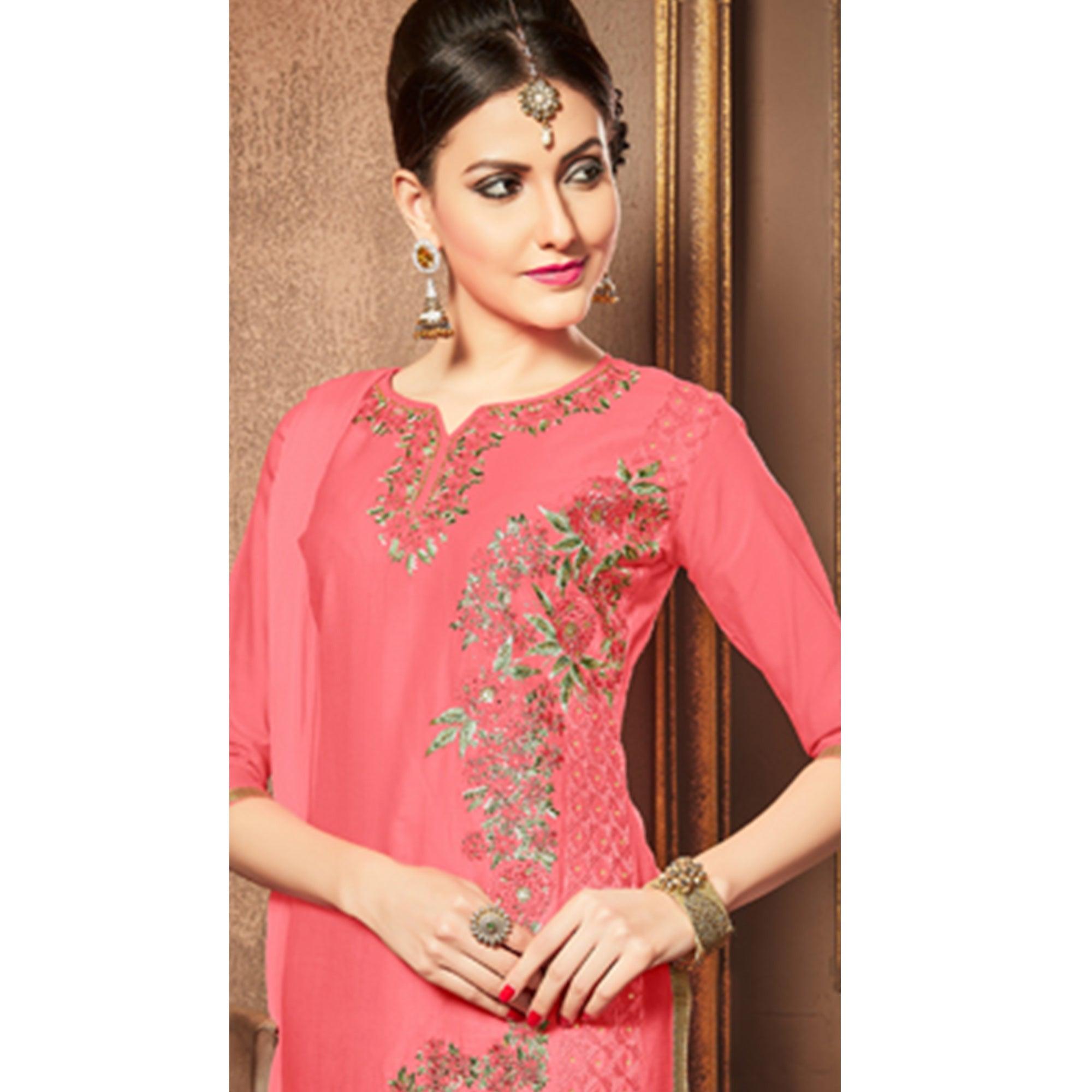 Captivating Pink Colored Party Wear Embroidered Cotton Dress Material - Peachmode