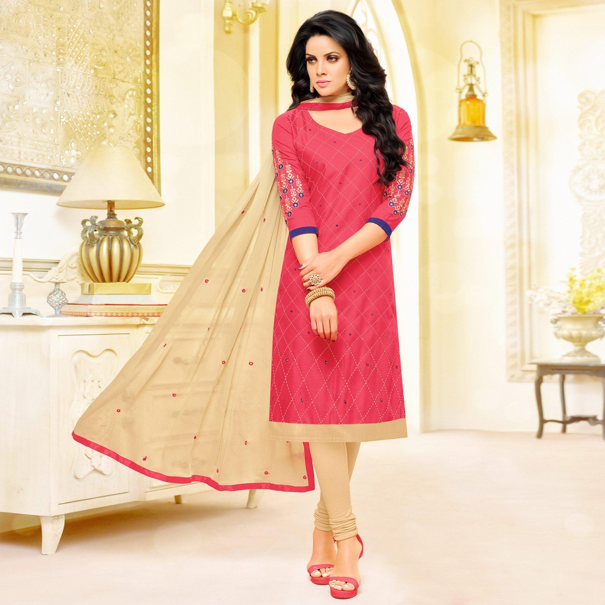 Captivating Pink Colored Partywear Embroidered Cotton Dress Material - Peachmode