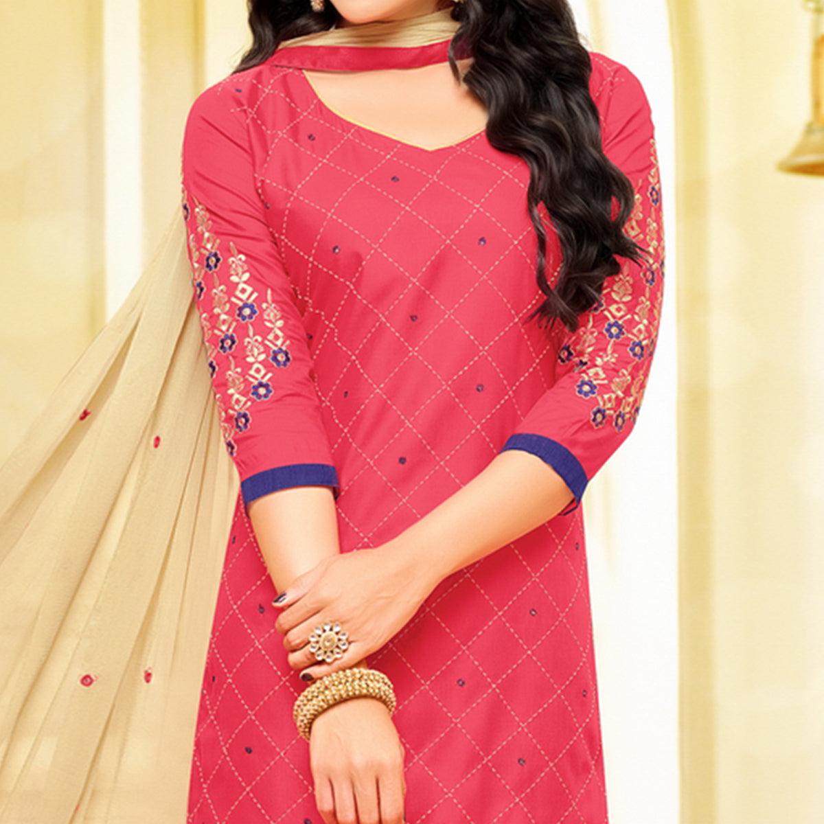 Captivating Pink Colored Partywear Embroidered Cotton Dress Material - Peachmode