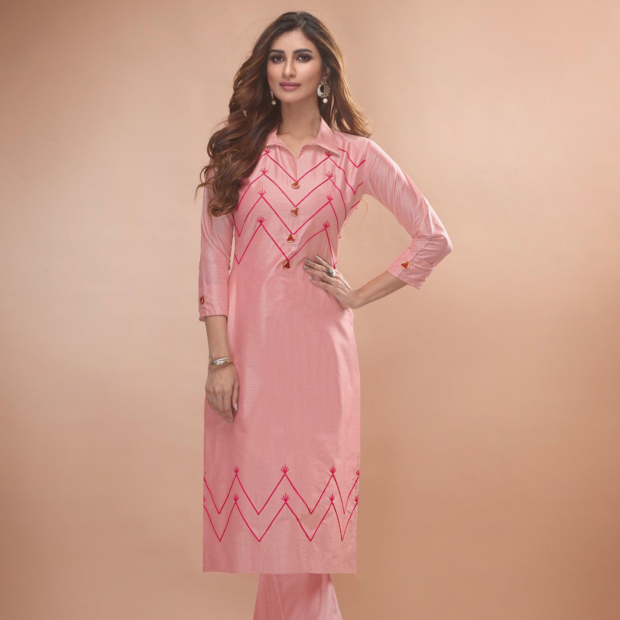 Captivating Pink Colored Partywear Embroidered Viscose Kurti - Peachmode