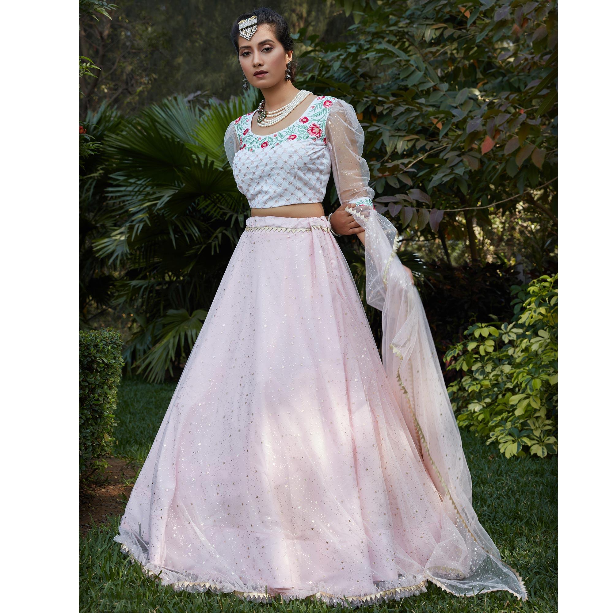 Captivating Pink Coloured Metallic Foil Printed Net Lehenga Choli - Peachmode