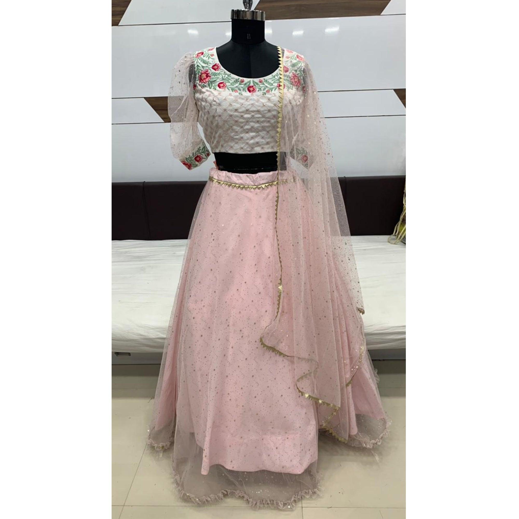 Captivating Pink Coloured Metallic Foil Printed Net Lehenga Choli - Peachmode