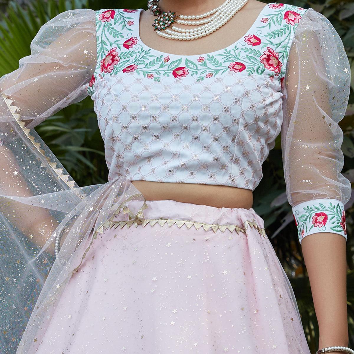 Captivating Pink Coloured Metallic Foil Printed Net Lehenga Choli - Peachmode
