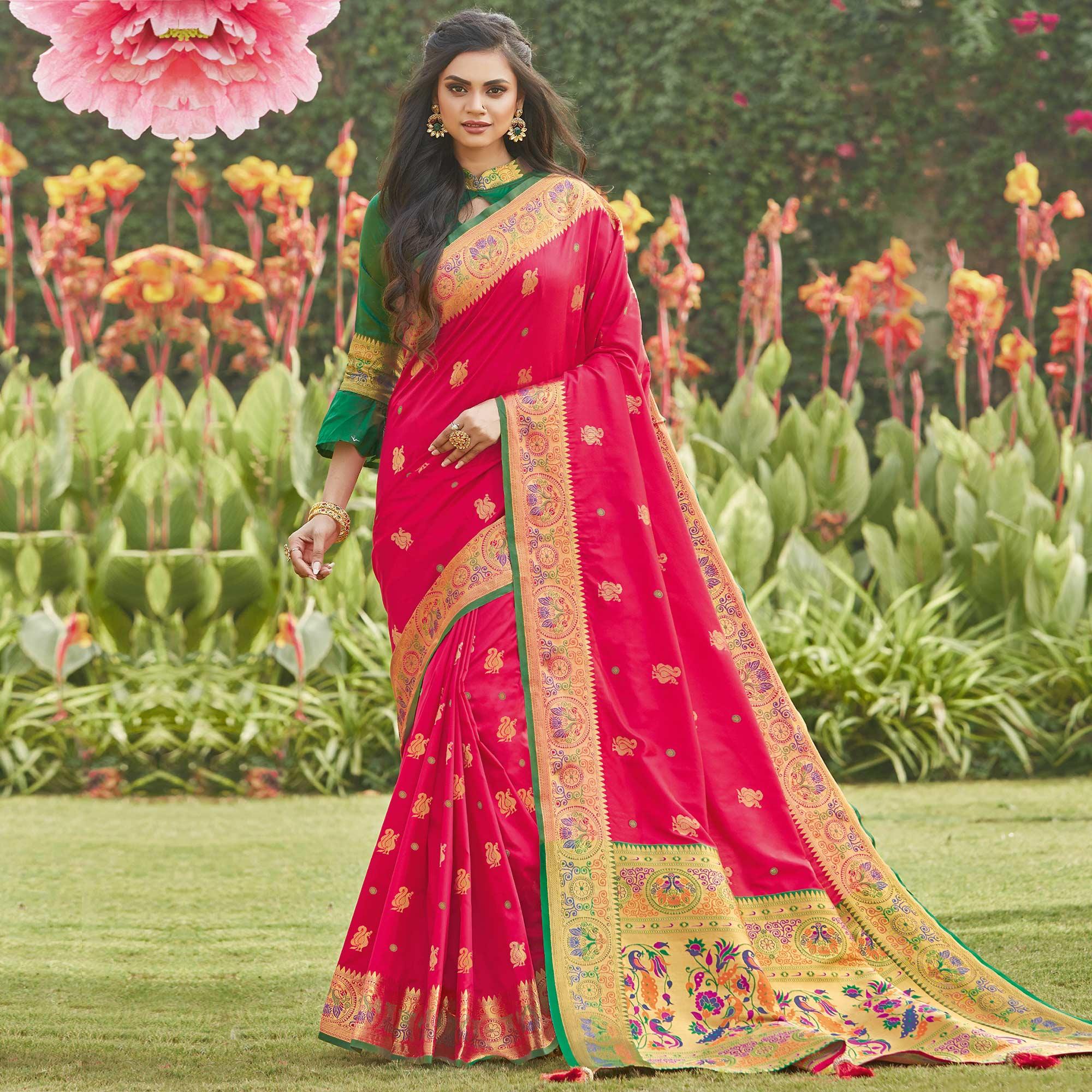 Captivating Pink Coloured Partywear Woven Silk Saree - Peachmode