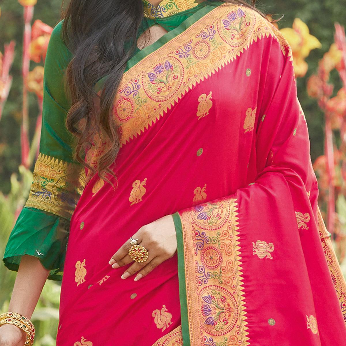 Captivating Pink Coloured Partywear Woven Silk Saree - Peachmode