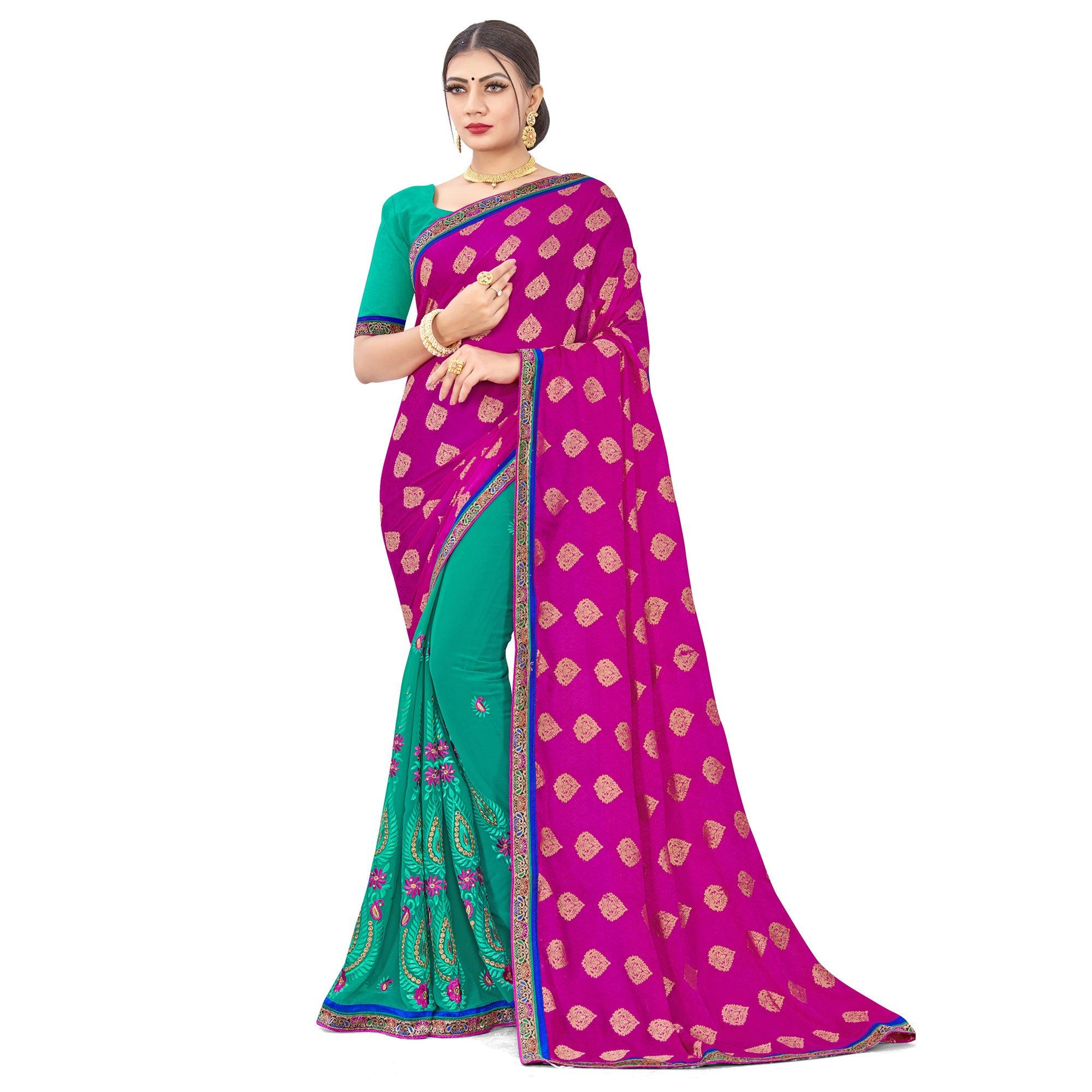 Captivating Pink-Turquoise Colored party Wear Embroidered Georgette Half-Half Saree - Peachmode