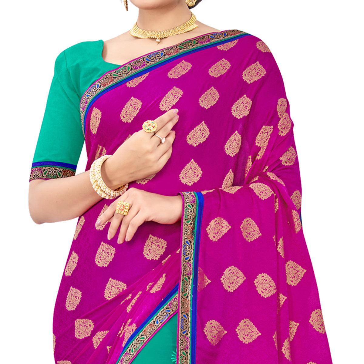 Captivating Pink-Turquoise Colored party Wear Embroidered Georgette Half-Half Saree - Peachmode