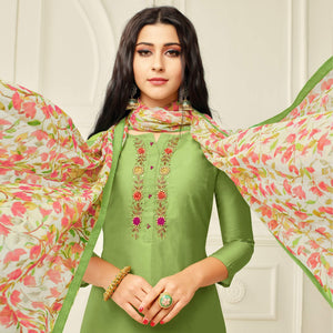 Captivating Pista Green Colored Casual Wear Embroidered Chanderi Dress Material - Peachmode