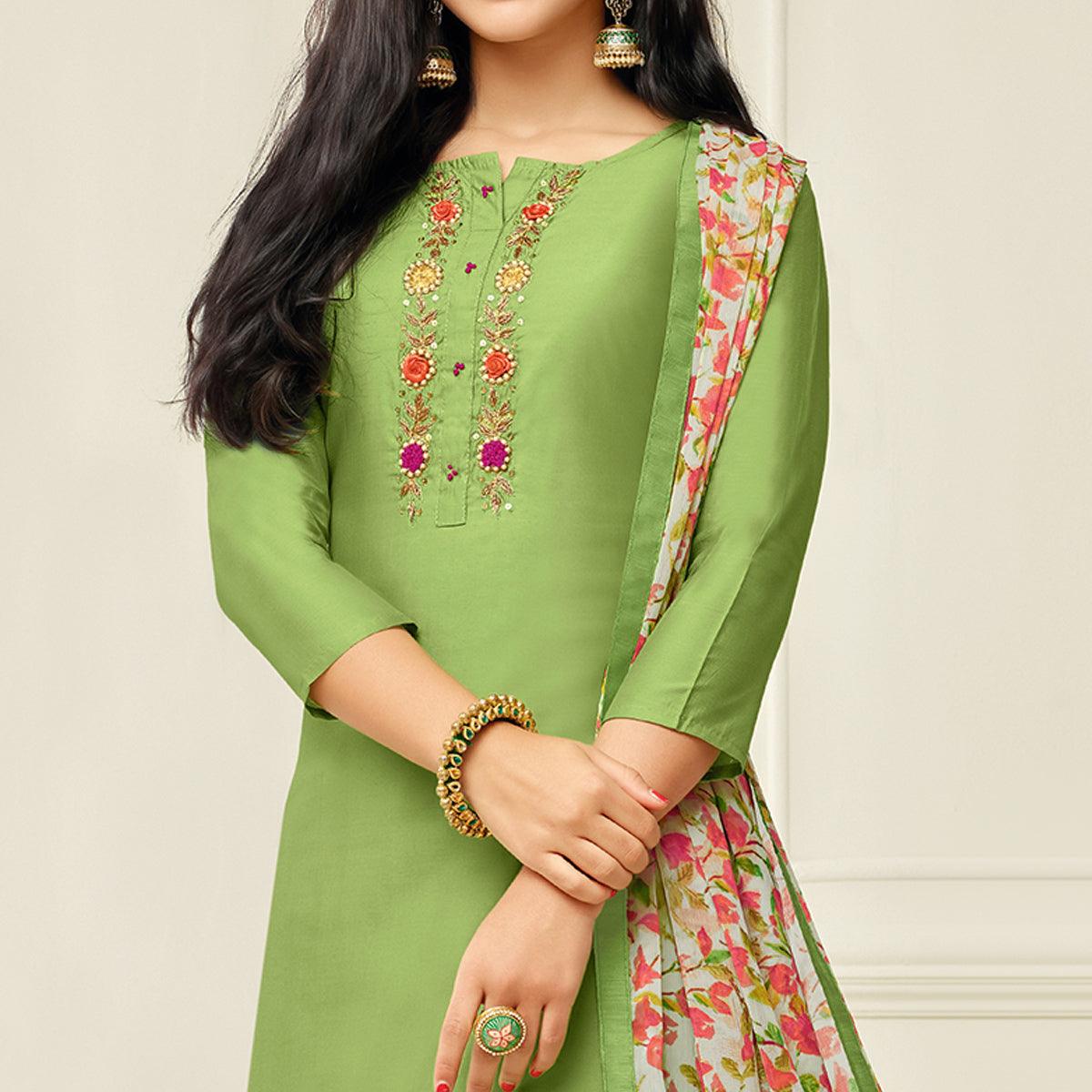 Captivating Pista Green Colored Casual Wear Embroidered Chanderi Dress Material - Peachmode