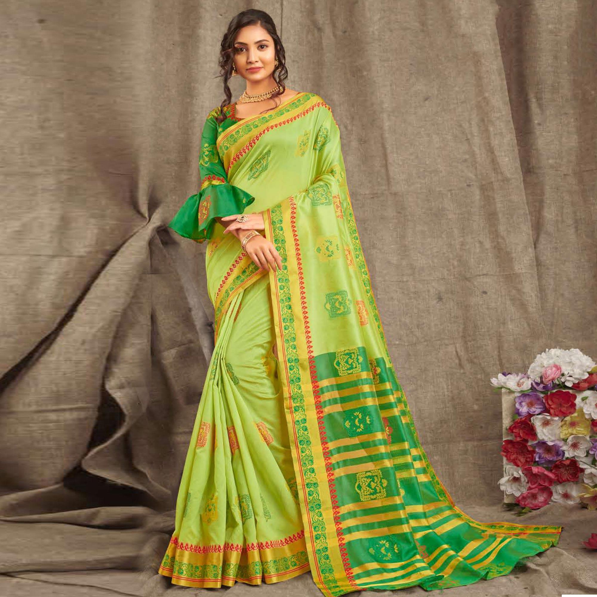 Captivating Pista Green Colored Festive Wear Woven Cotton Handloom Saree - Peachmode
