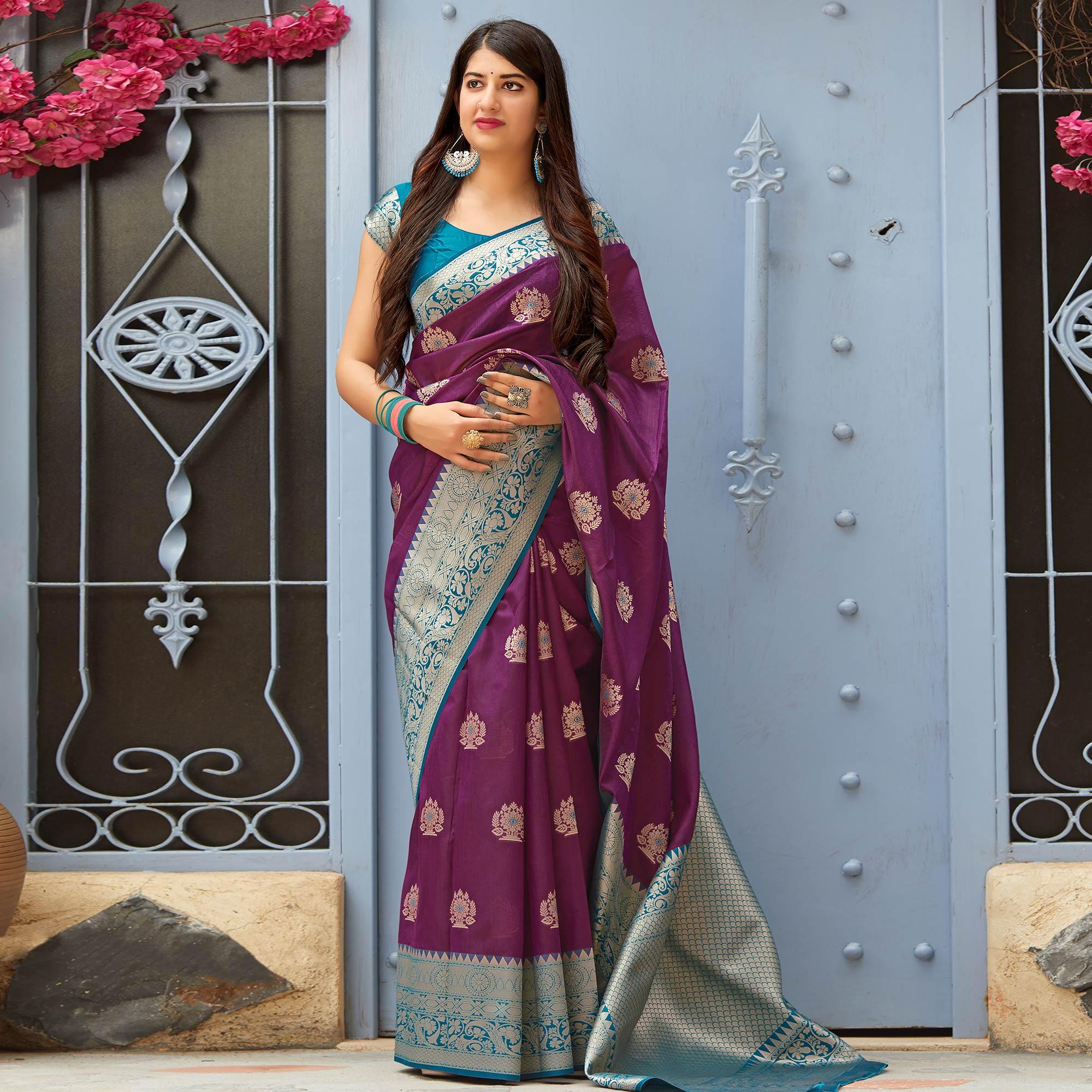 Captivating Purple Colored Festive Wear Woven Banarasi Silk Saree - Peachmode