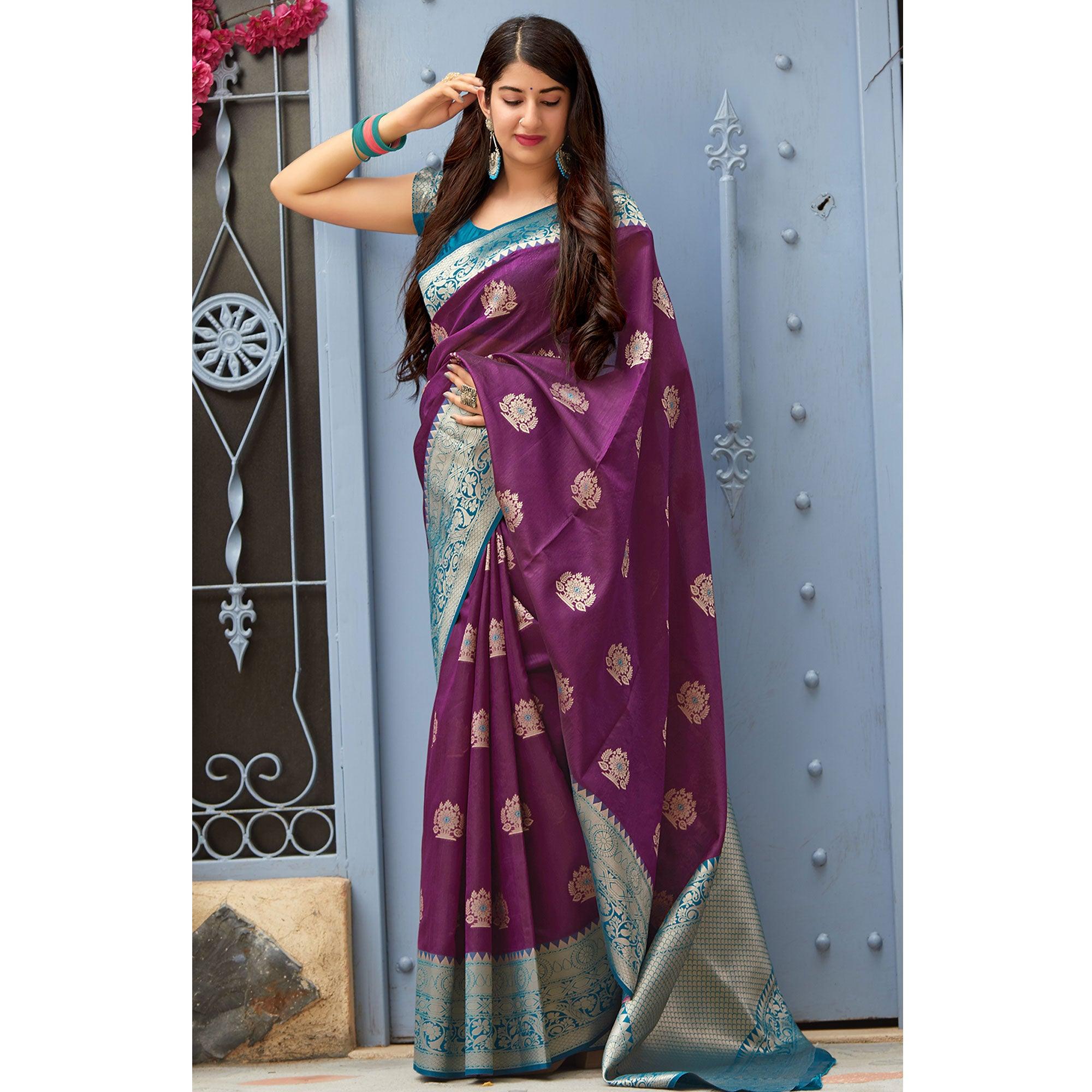 Captivating Purple Colored Festive Wear Woven Banarasi Silk Saree - Peachmode