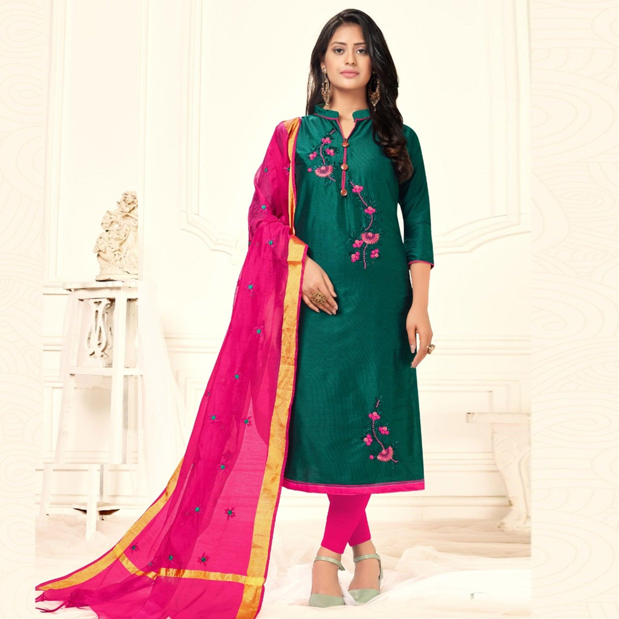 Captivating Rama Colored Casual Wear Embroidered Cotton Dress Material - Peachmode
