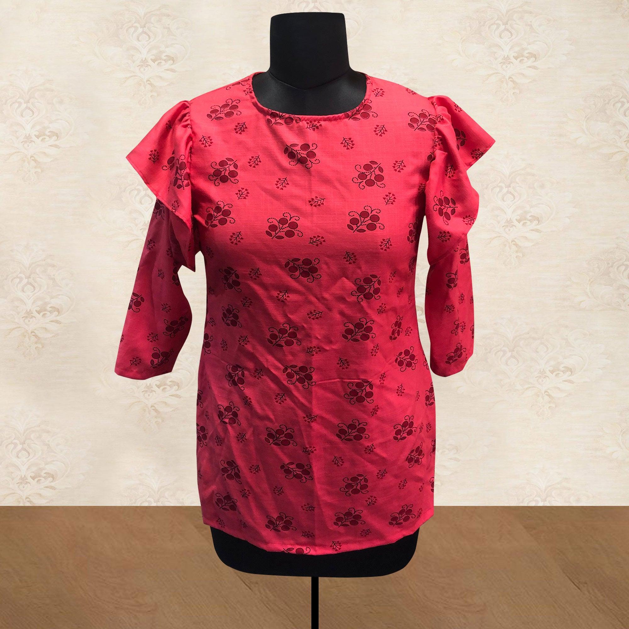 Captivating Red Colored Casual Printed Cotton Top - Peachmode