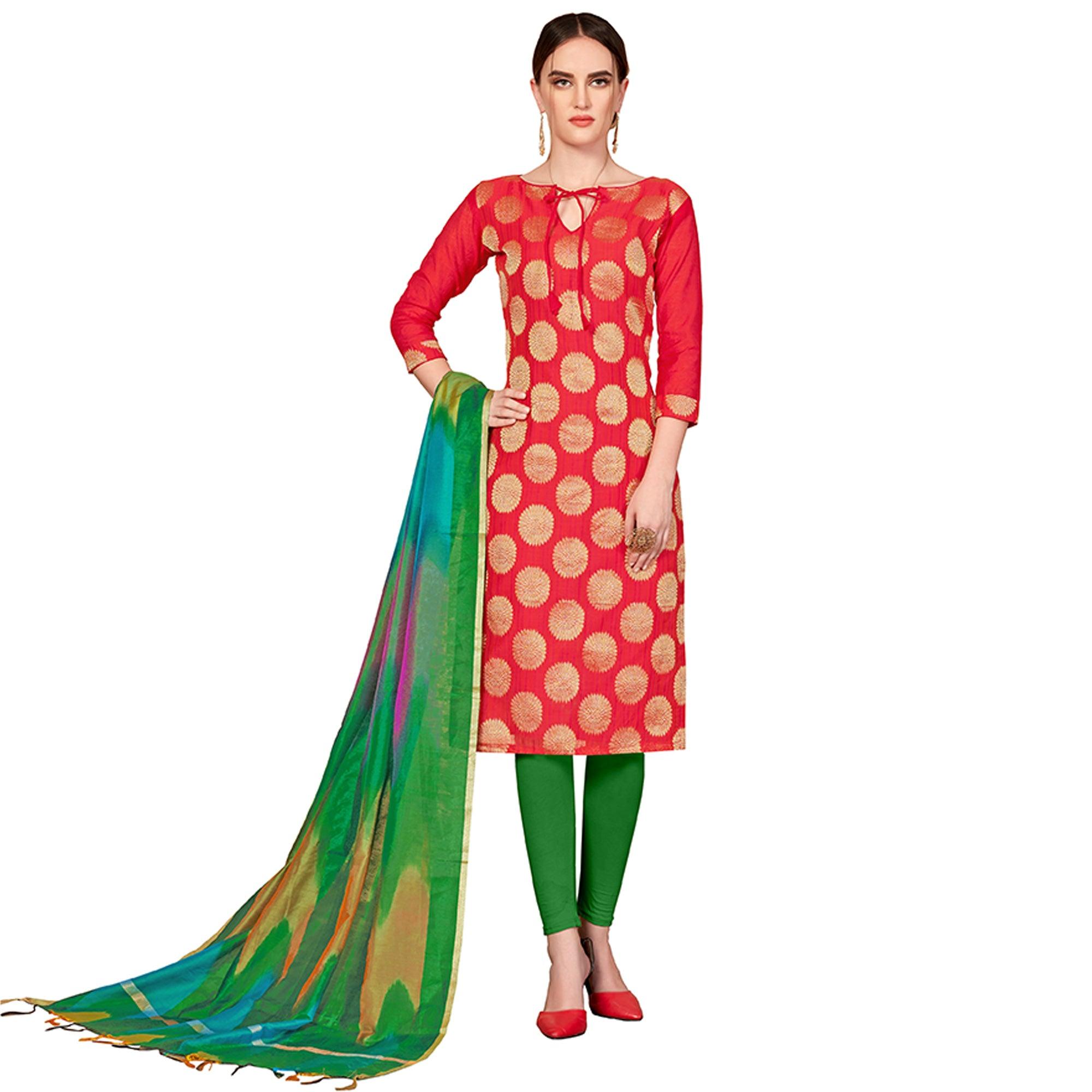 Captivating Red Colored Casual Wear Woven Banarasi Silk Dress Material - Peachmode