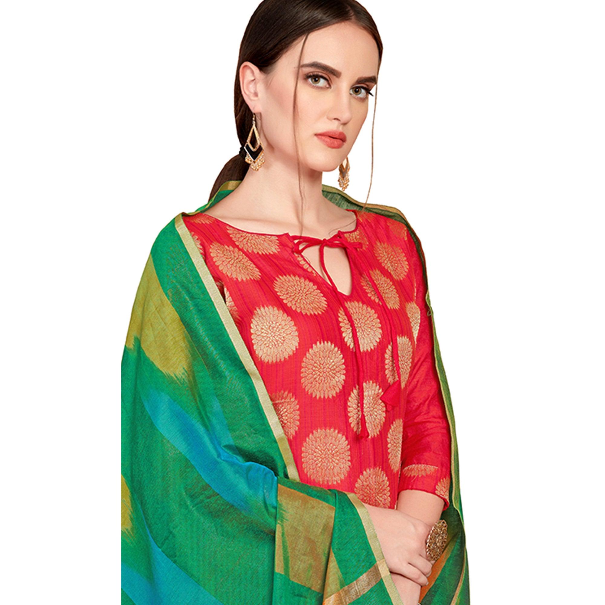 Captivating Red Colored Casual Wear Woven Banarasi Silk Dress Material - Peachmode