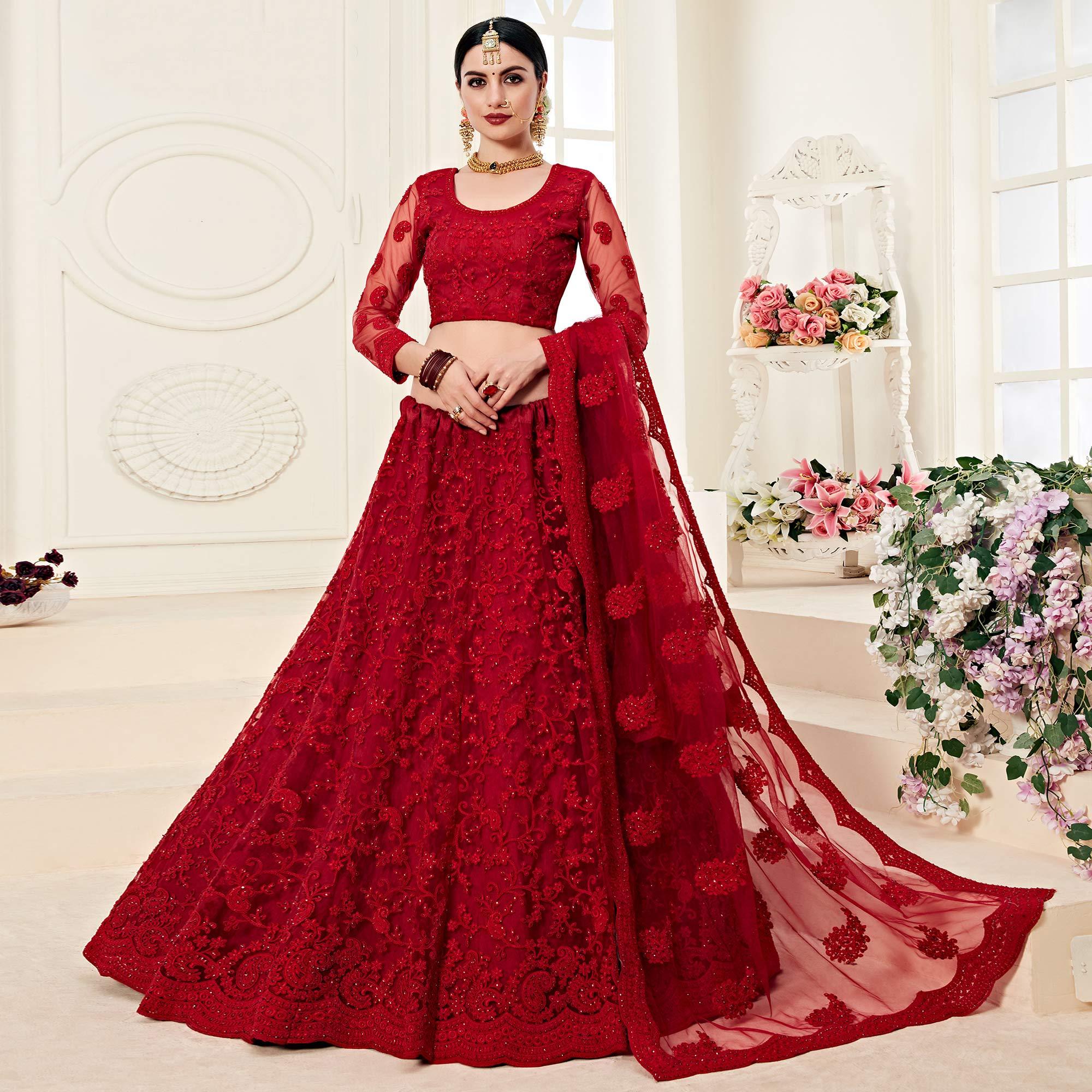 Captivating Red Colored Cording Embroidery Wedding Wear Net Lehenga Choli - Peachmode