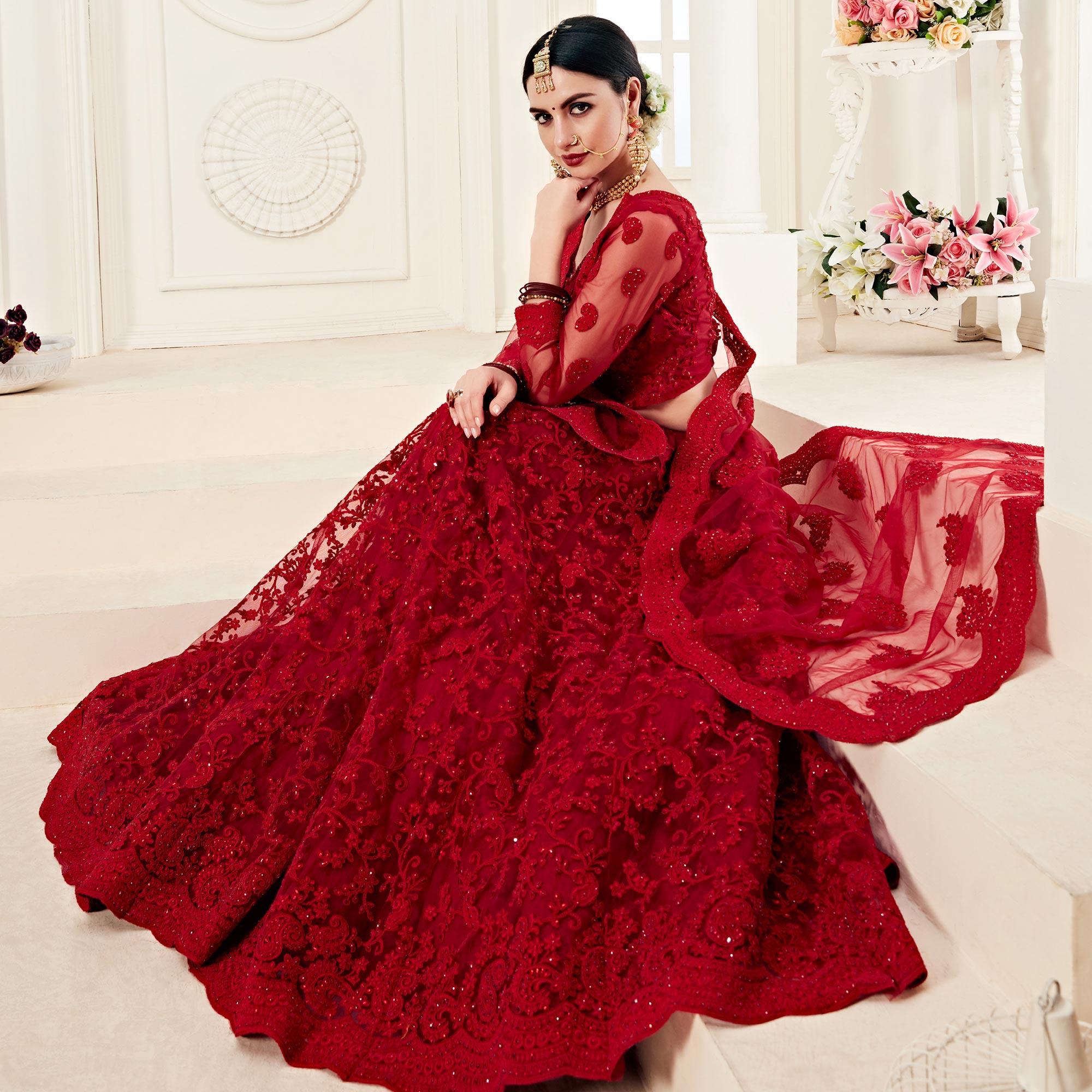 Captivating Red Colored Cording Embroidery Wedding Wear Net Lehenga Choli - Peachmode