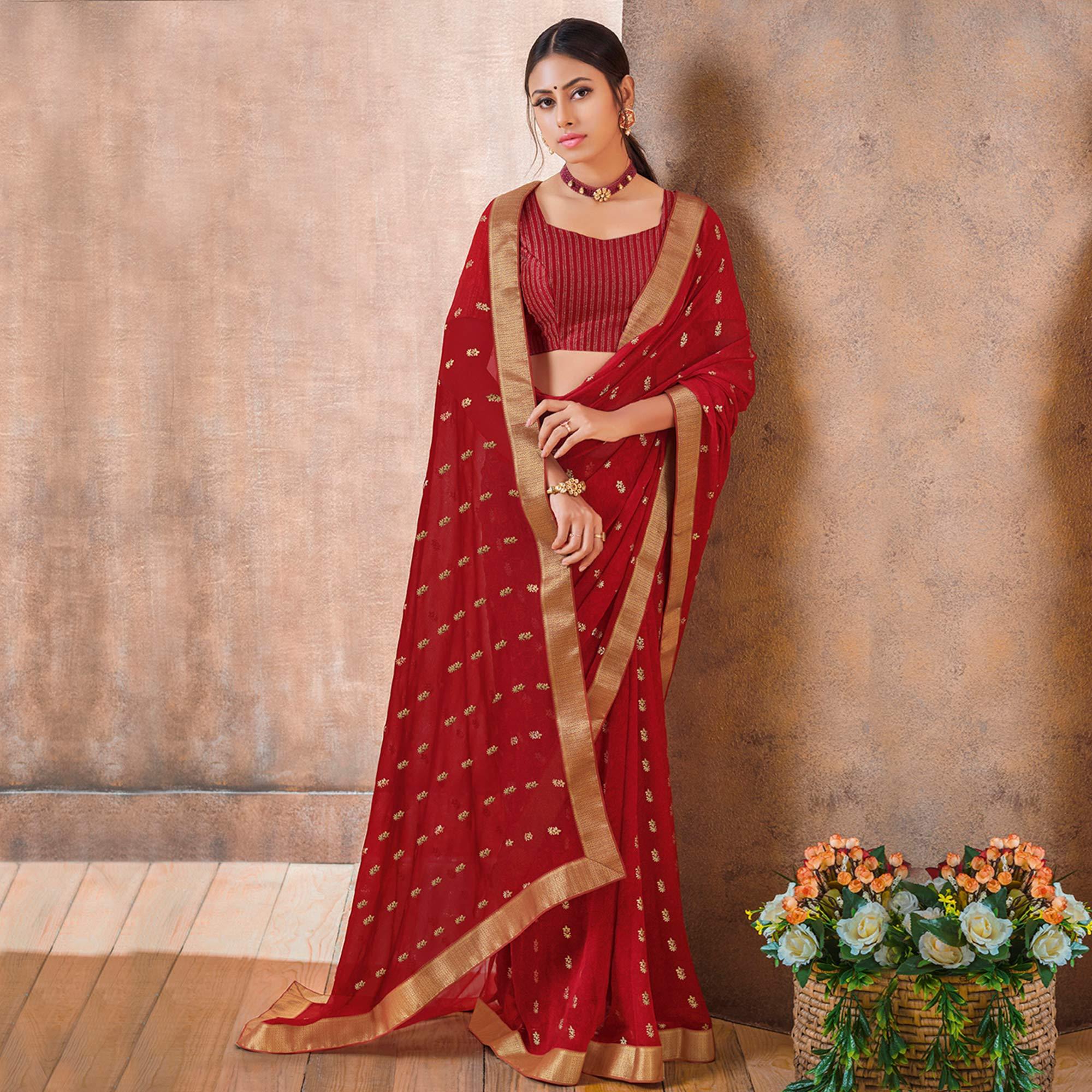 Captivating Red Colored Festive Wear Foil Printed Georgette Saree - Peachmode