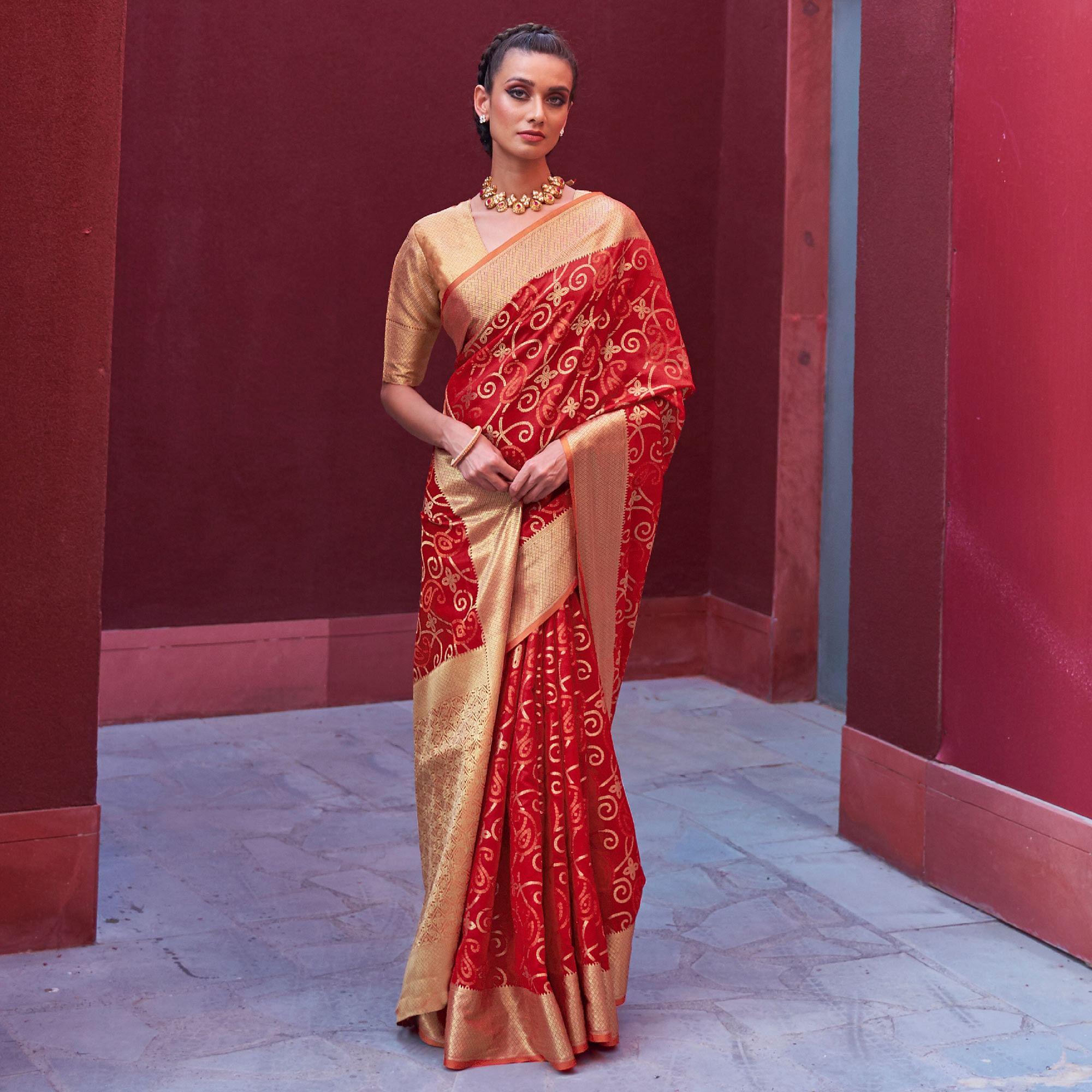 Captivating Red Colored Festive Wear Woven Silk Saree - Peachmode