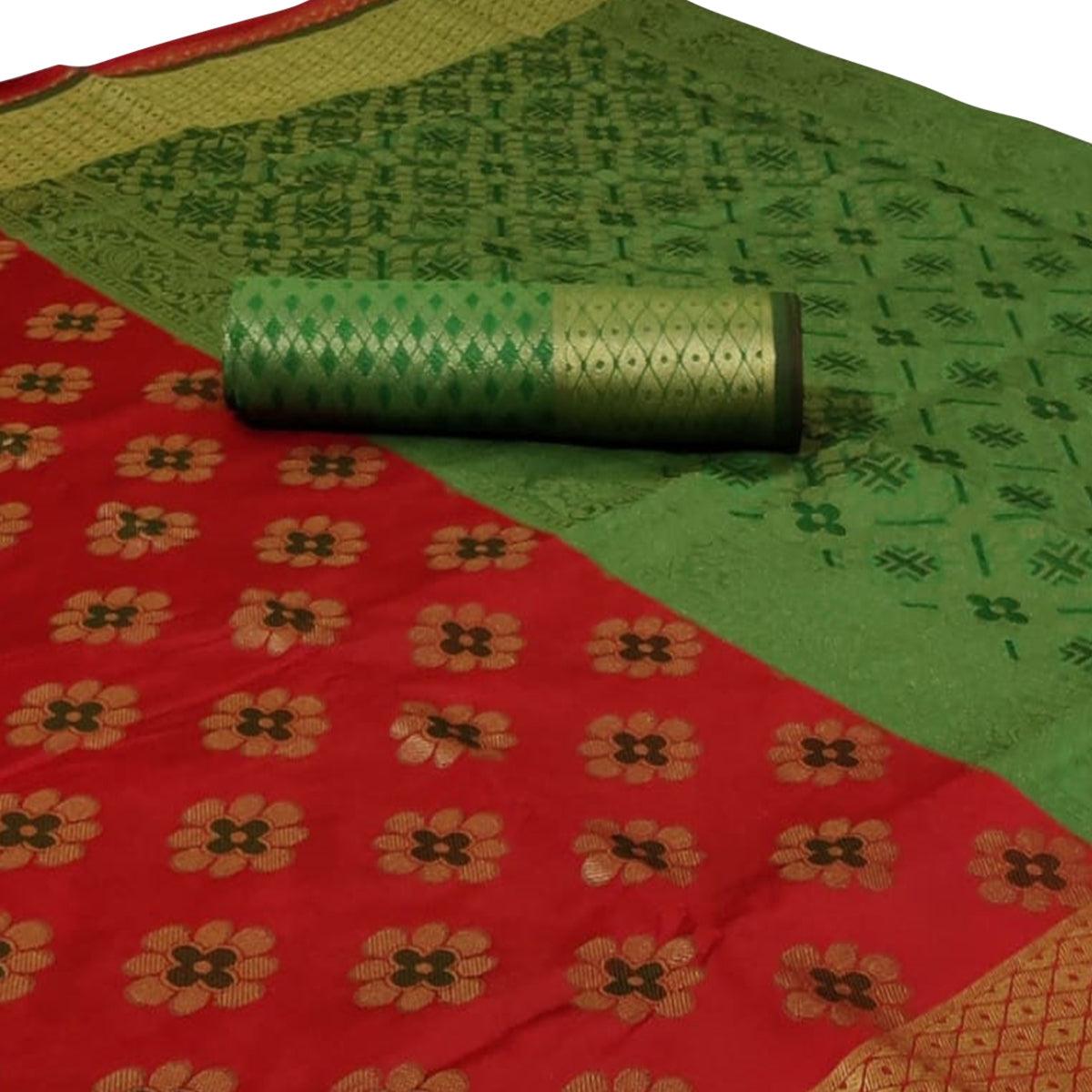 Captivating Red Colored Festive Wear Woven Silk Saree - Peachmode