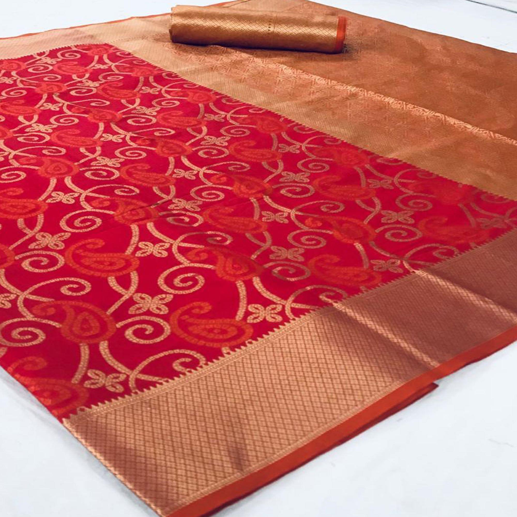 Captivating Red Colored Festive Wear Woven Silk Saree - Peachmode