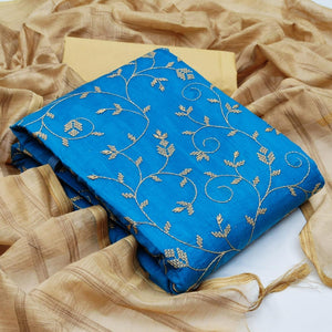 Captivating Sky Blue Colored Casual Wear Embroidered Chanderi Dress Material - Peachmode