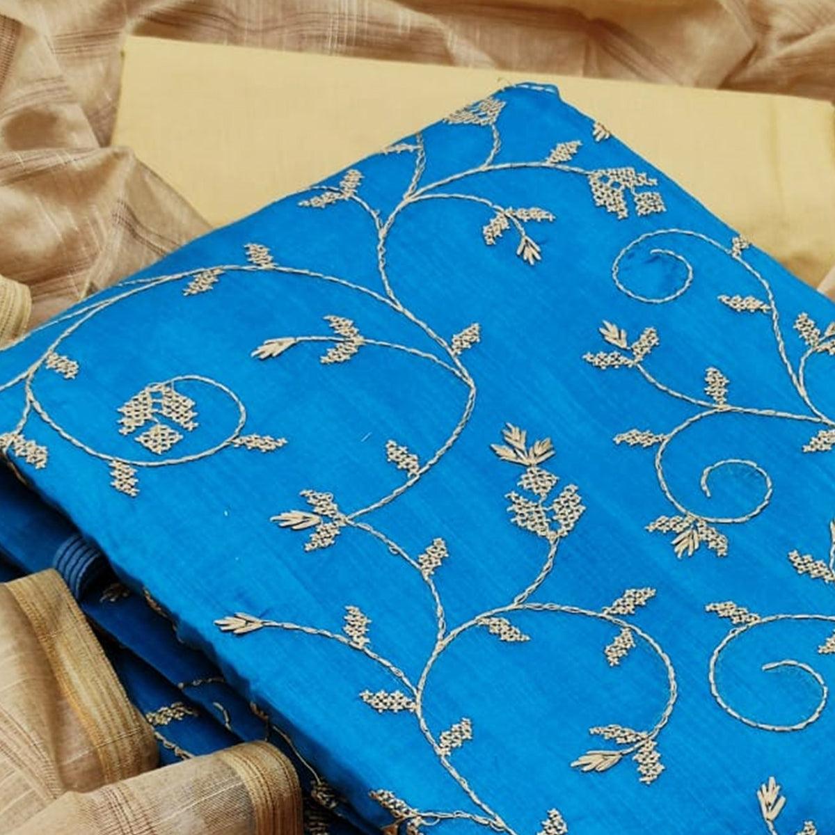 Captivating Sky Blue Colored Casual Wear Embroidered Chanderi Dress Material - Peachmode