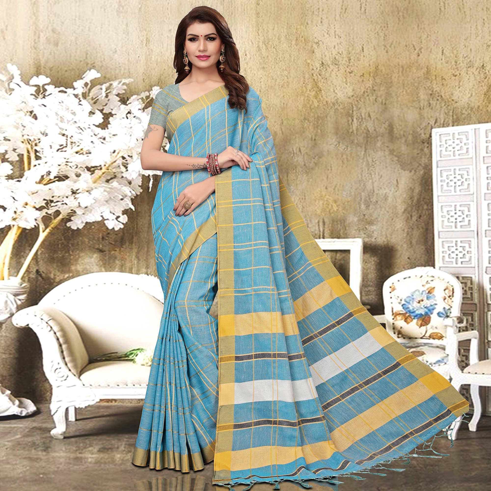 Captivating Sky Blue Colored Festive Wear Checks Print Pure Linen Saree - Peachmode