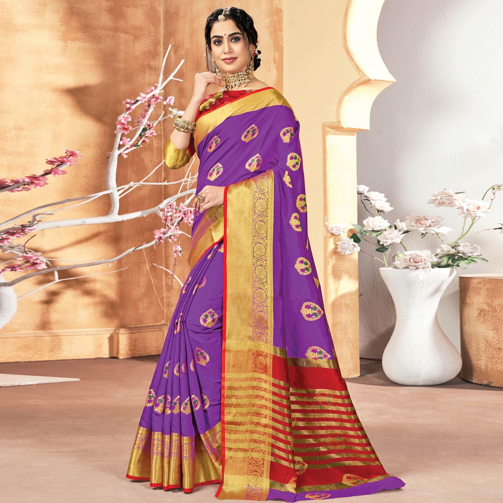 Captivating Violet Colored Festive Wear Woven Silk Saree - Peachmode