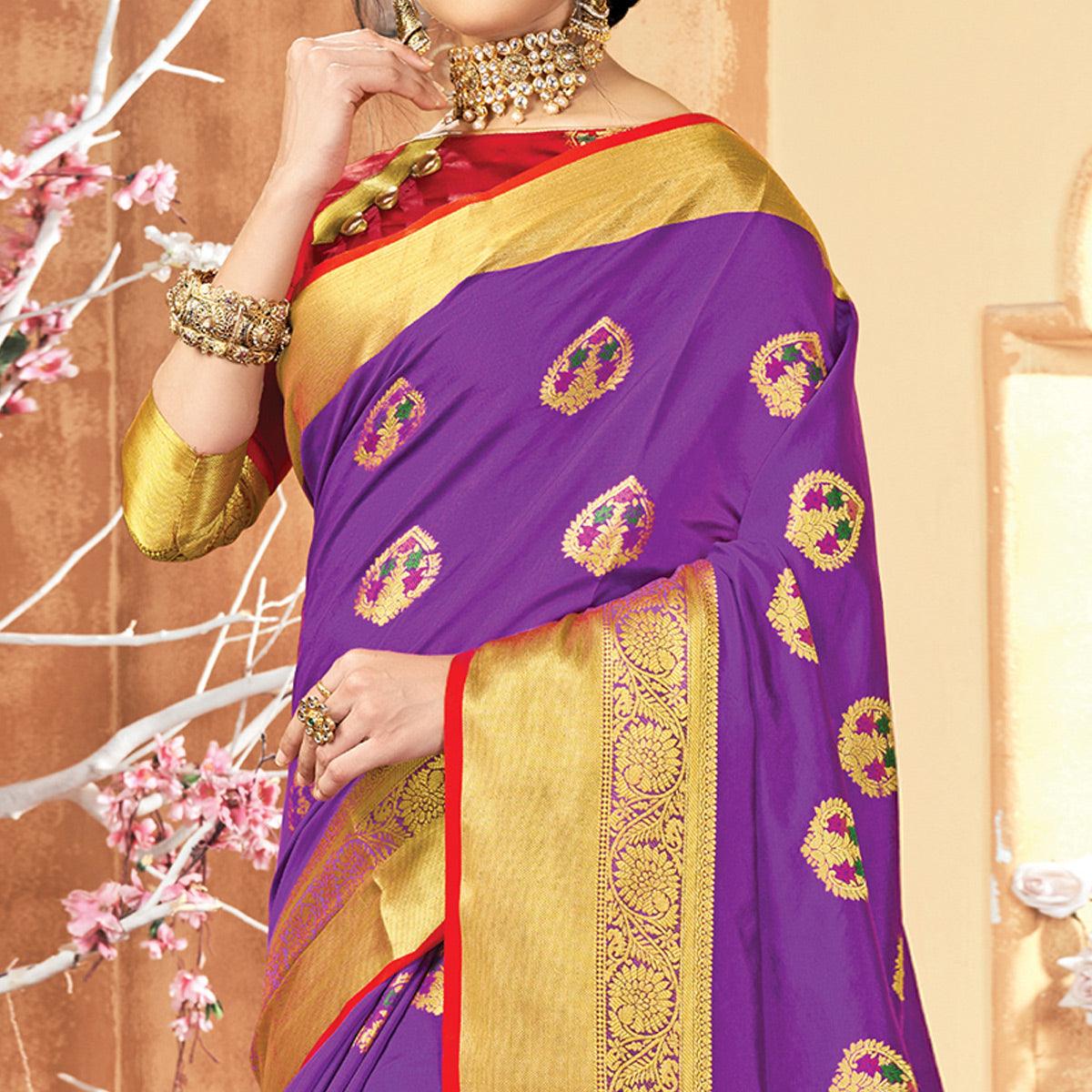 Captivating Violet Colored Festive Wear Woven Silk Saree - Peachmode