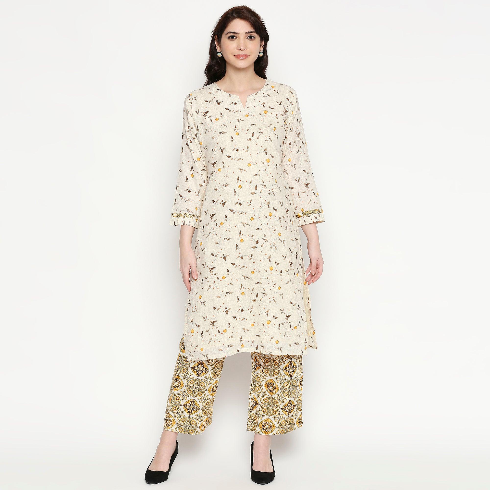 Captivating White Colored Casual Wear Printed Cotton Kurti-Palazzo Set - Peachmode